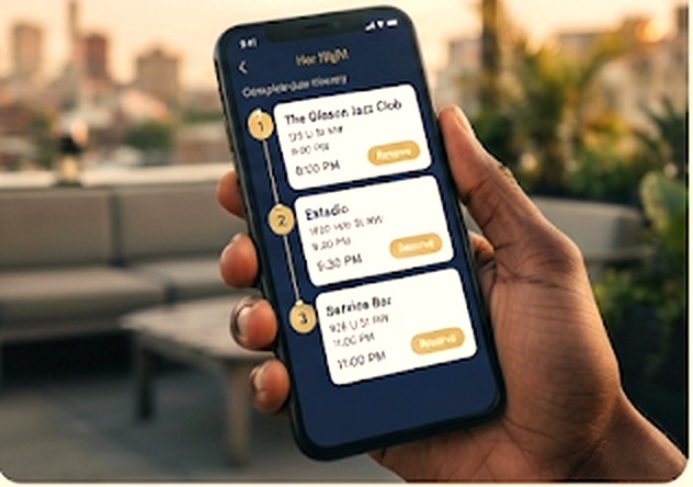 Phone showing a complete date itinerary with three venues, times and reserve buttons