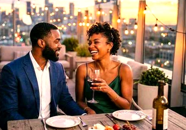 Couple laughing over wine at a rooftop table on date night
